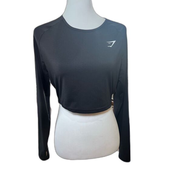 Black Long Sleeve Mesh Back Thumbhole Crop Top M Athleisure Gym Training - Picture 2 of 9